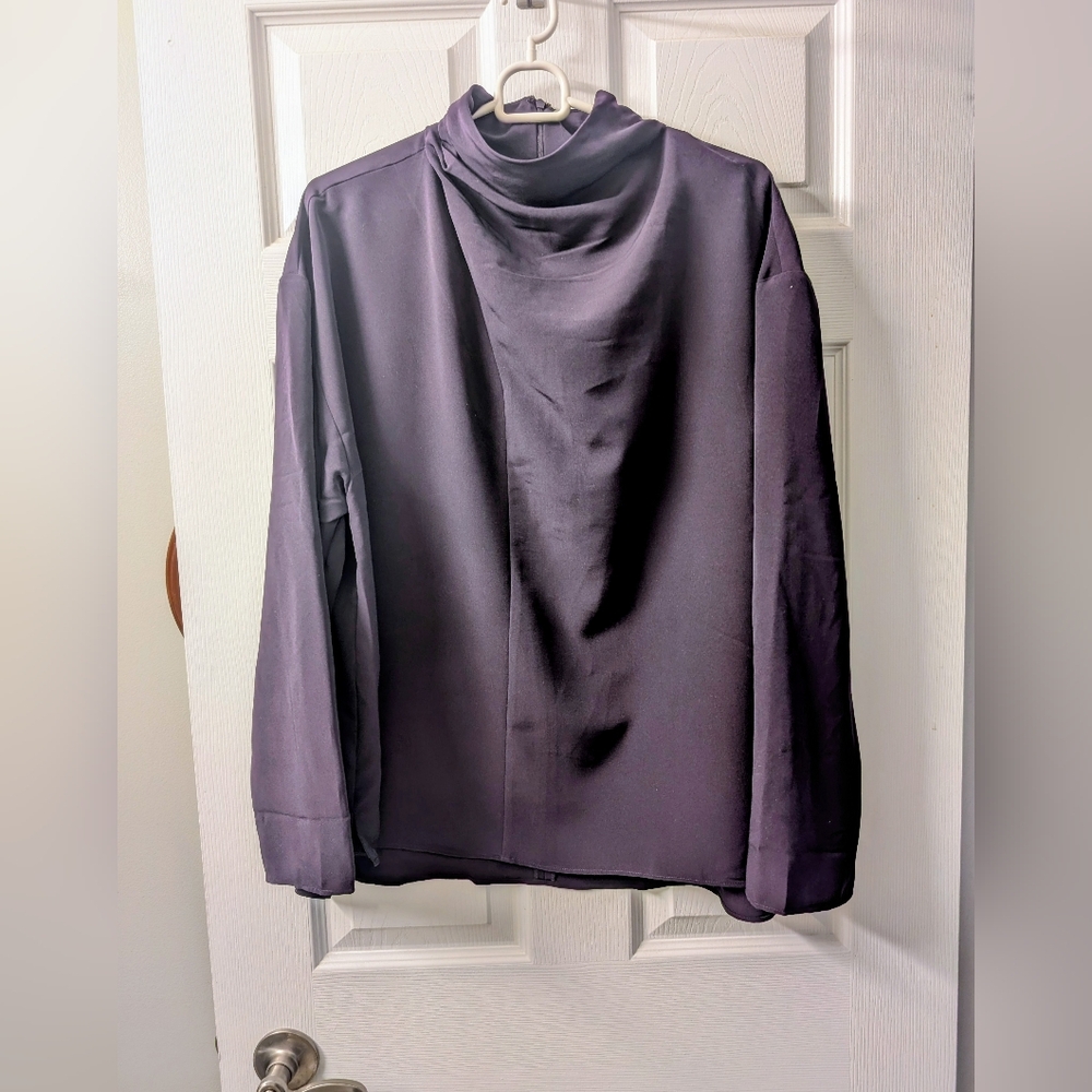 Elegant Halston Long Sleeve Blouse Dark Purple High Neck Ladies XL Zipper back